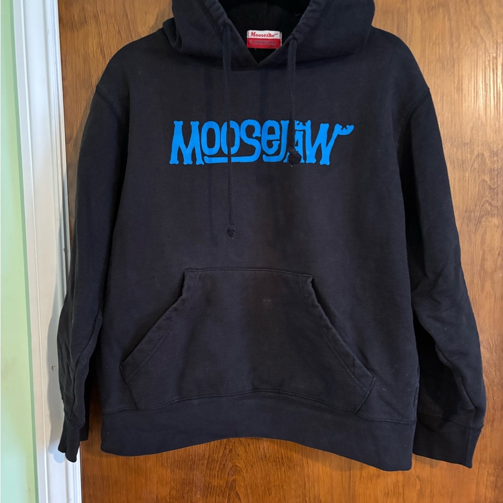 Moosejaw Black Hoodie with Vibrant Blue Text